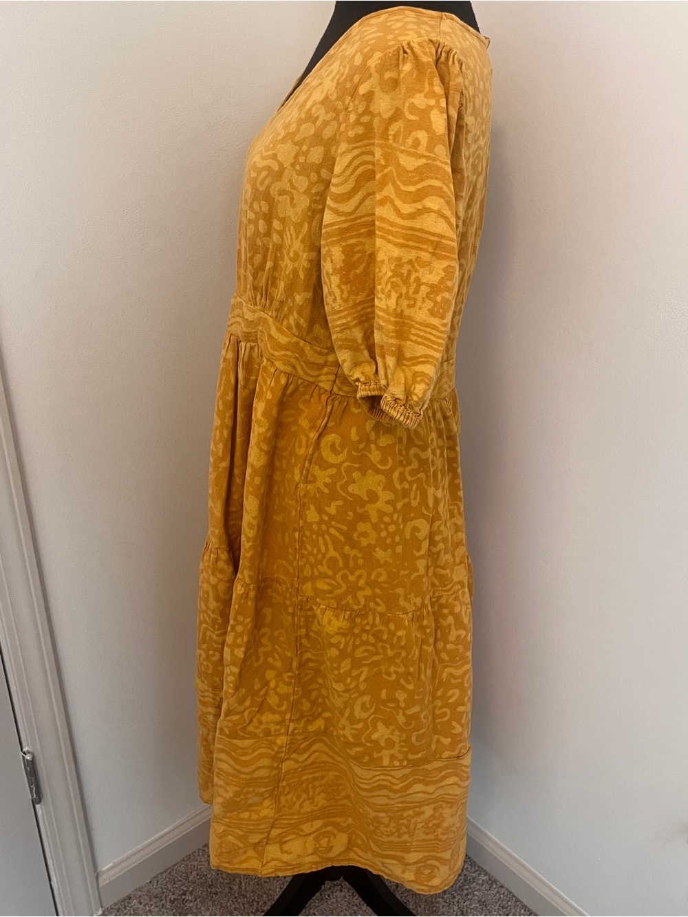 FabNu Mustard Yellow Cutout Midi Dress Puff Sleeve Boho Cottagecore Large Artsy - Picture 6 of 9